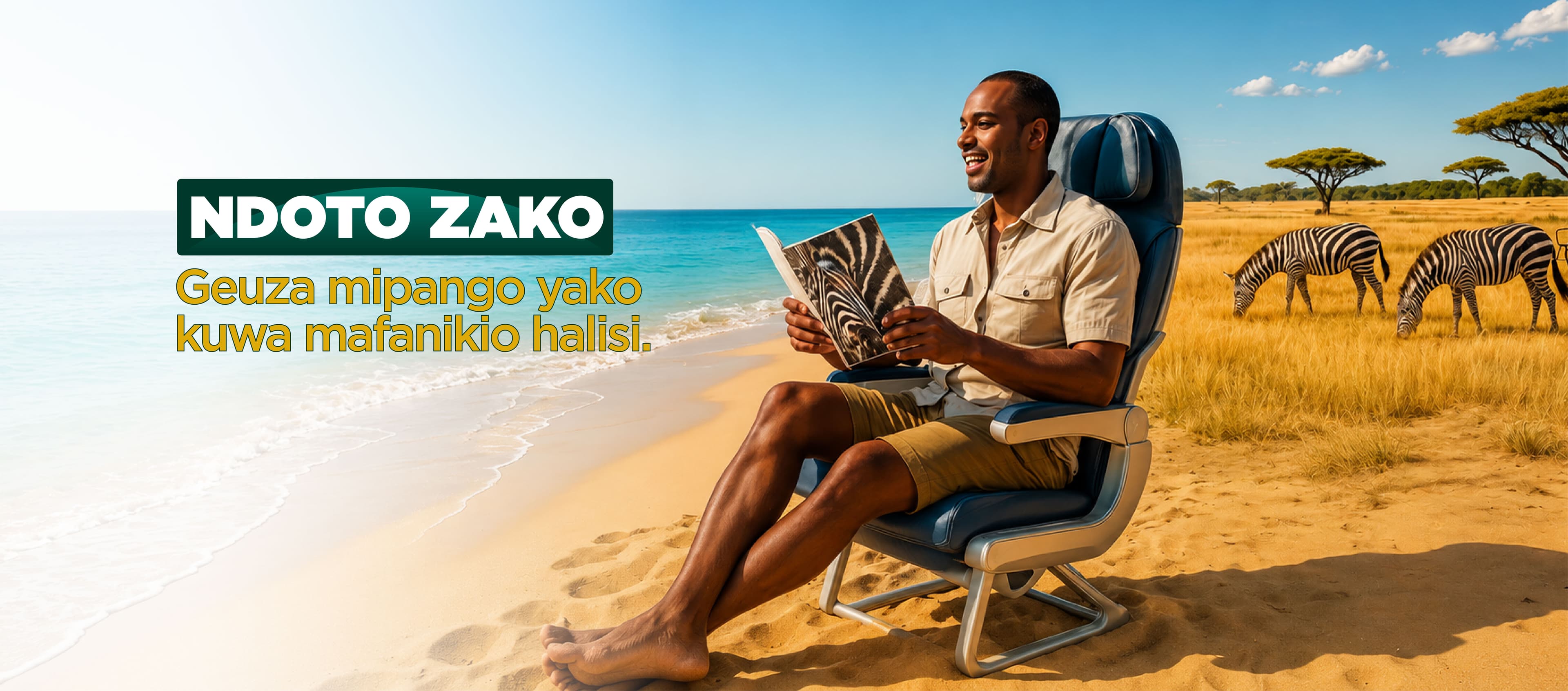 A HIFADHI SACCOS member relaxing between the coast and the savanna, zebras grazing nearby — "Ndoto Zako: geuza mipango yako kuwa mafanikio halisi."